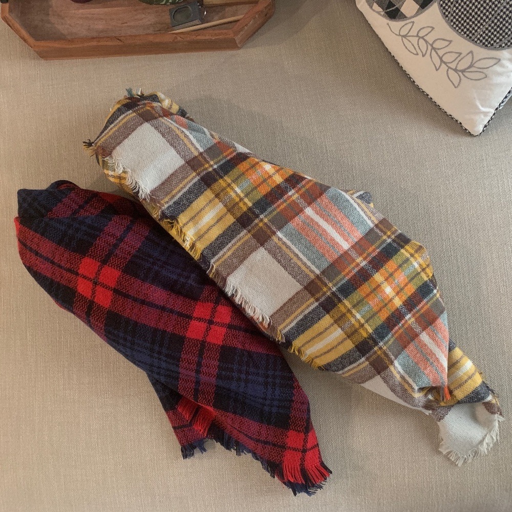 2 Tartan Plaid Blanket Scarfs Fringed Ends Brown Yellow Orange / Red Black Blue